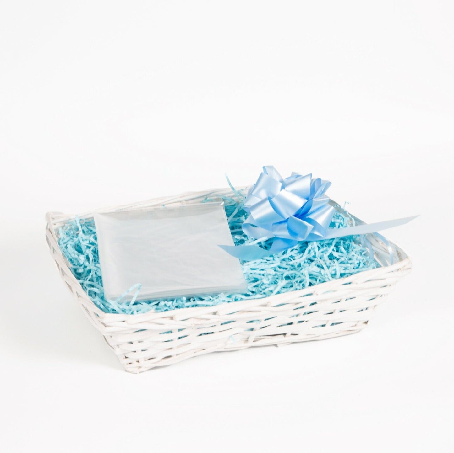 New Born Baby Christening Gift Hamper Wicker Basket Shredded Paper Cello Wrap Pu