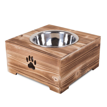 Dog Food Feeding Stand Station Stainless Double Raised  Bowls Wooden Crate