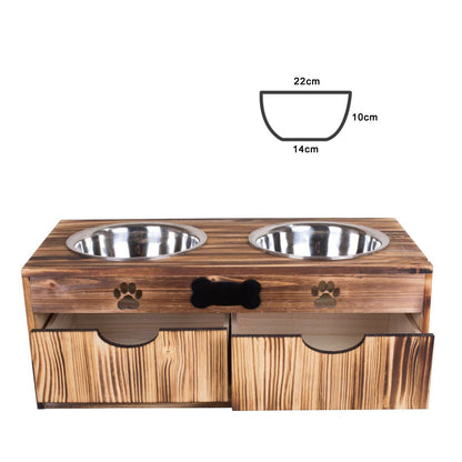 Dog Food Feeding Stand Station Stainless Double Raised  Bowls Wooden Crate