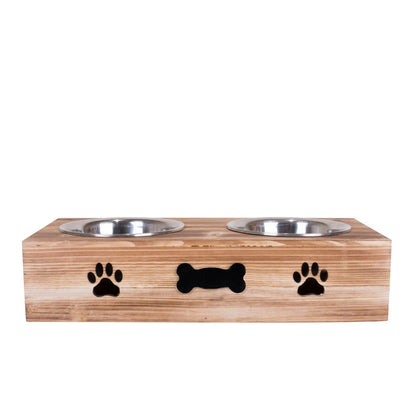 Dog Food Feeding Stand Station Stainless Double Raised  Bowls Wooden Crate