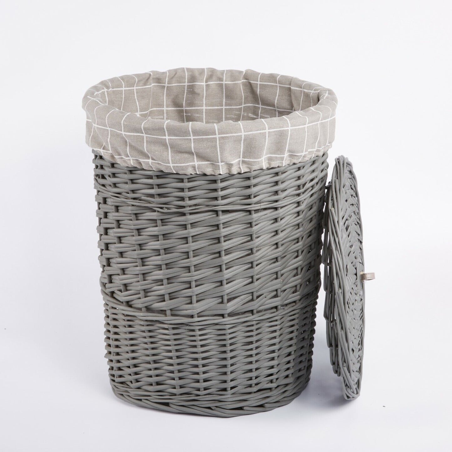 Grey Paint Round Laundry Wicker Basket Cotton Lining With Lid Bathroom Storage