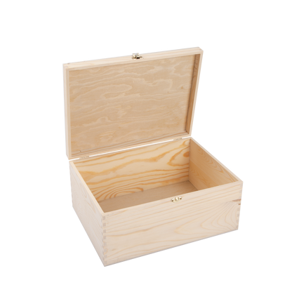 Natural Finish Wooden Storage Box DIY Crate With Hinged Lid And Locking Clasp