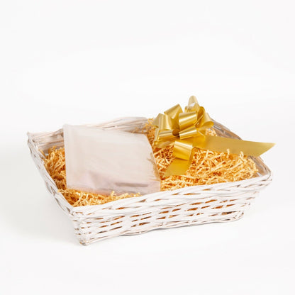 New Born Baby Christening Gift Hamper Wicker Basket Shredded Paper Cello Wrap Pu