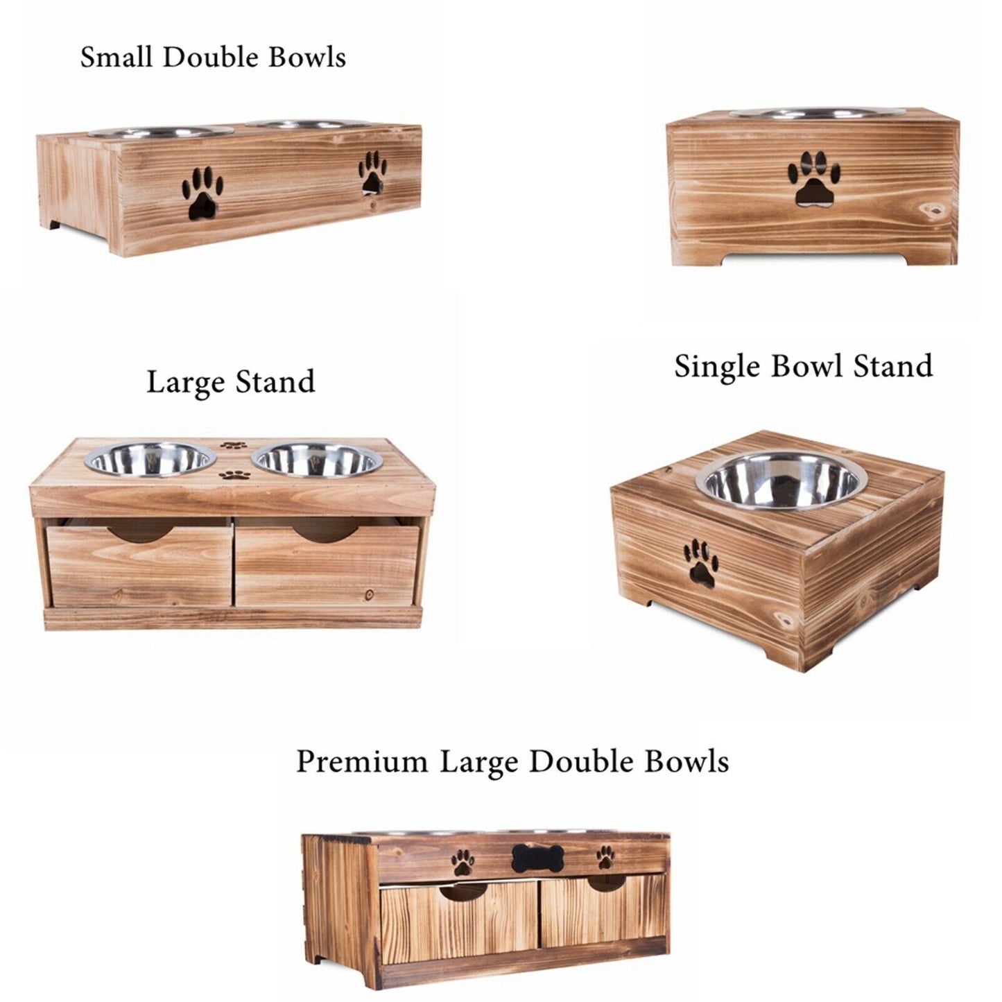 Dog Food Feeding Stand Station Stainless Double Raised  Bowls Wooden Crate