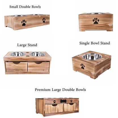 Dog Food Feeding Stand Station Stainless Double Raised  Bowls Wooden Crate