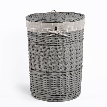 Grey Paint Round Laundry Wicker Basket Cotton Lining With Lid Bathroom Storage