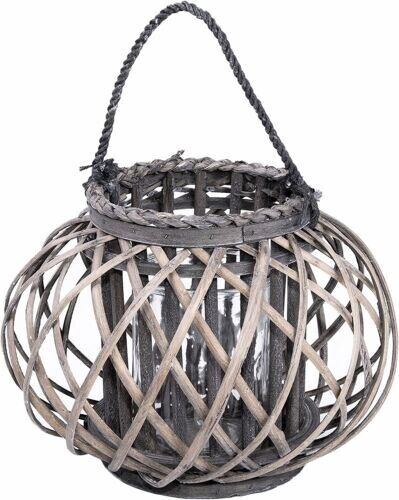 BH  Round Grey Wicker Lantern With Candleholder Garden Lightning Table