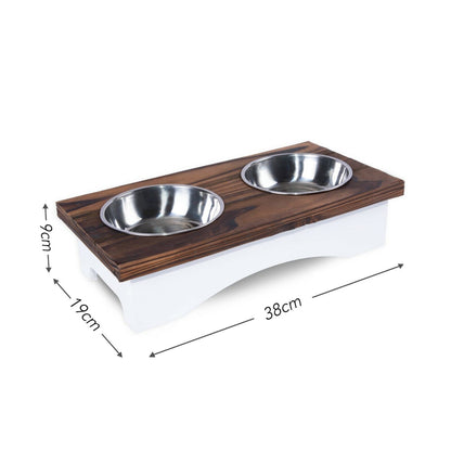 Small Animal Food Feeding Stand Station Stainless Double Raised  Bowls Wooden