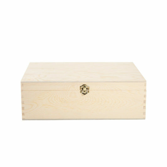 Natural Finish Wooden Storage Box DIY Crate With Hinged Lid And Locking Clasp