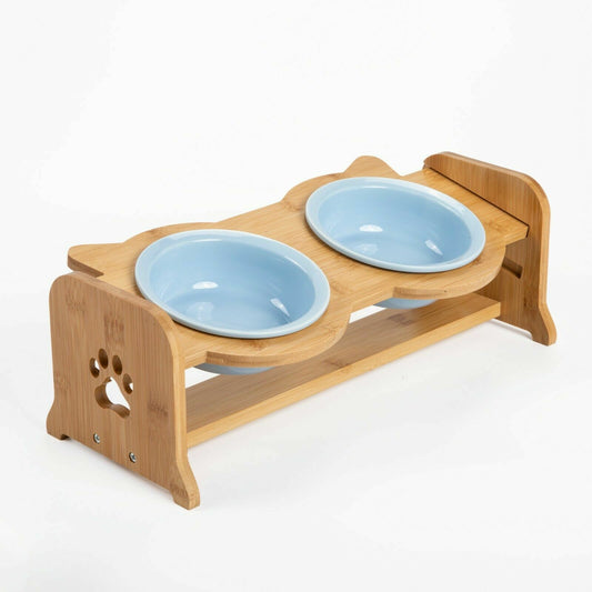 BH Solid Bamboo Height Adjustable Raised Pet Double Feeding Stand(2 bowls)