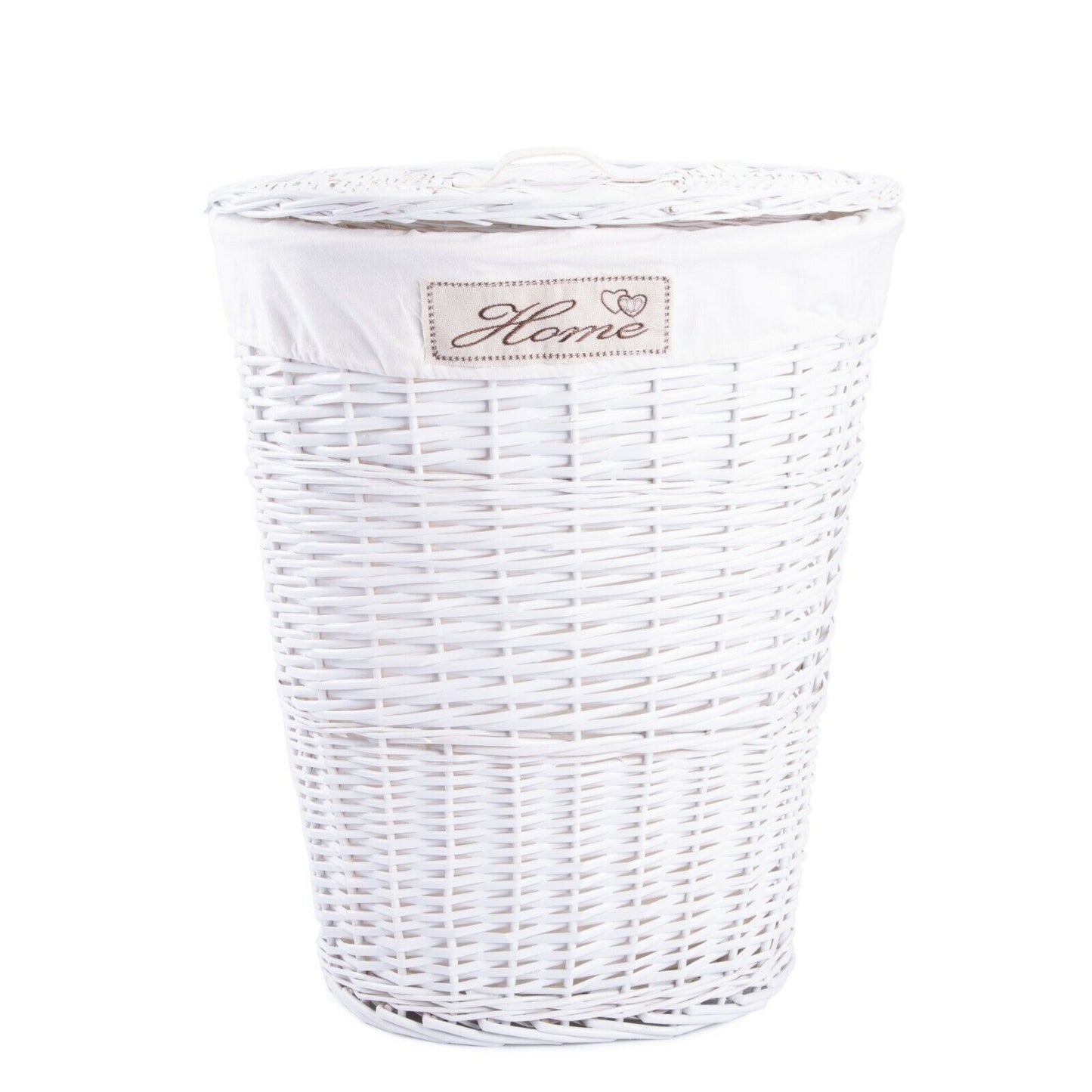 White Oval Matt Wicker Laundry Basket Cotton Lining With Lid