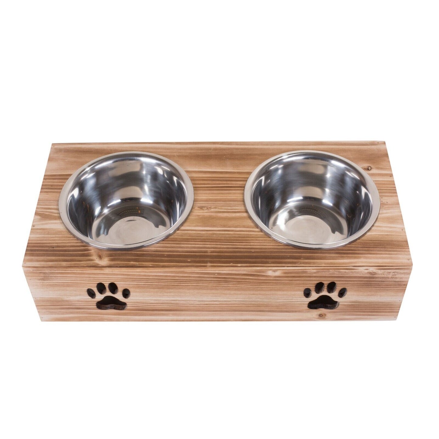 Dog Food Feeding Stand Station Stainless Double Raised  Bowls Wooden Crate