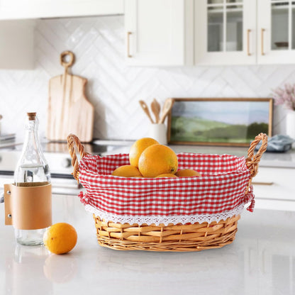 3PCS Oval Traditional Wicker Bread Basket with Handles Red Gingham Liner Kitchen Storage Basket Trade Countertop Basket Gift Basket