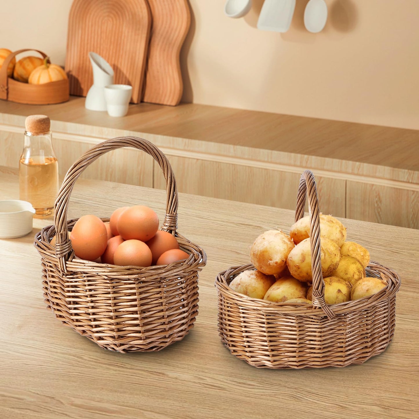 Set of 2 Natural Wicker Shopping Basket Easter Egg Hunt Basket Wedding Flower Girl Basket Kid Role Play Basket Kitchen Storage Basket